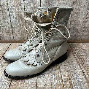 Vtg Justin L0519 Cream Leather Lace Up Kiltie Western Boots Size 5.5 B USA